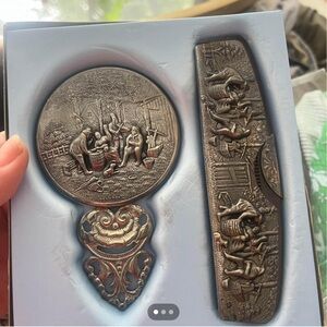 Vintage Lot Hans Jensen Denmark Repousse Hand Mirror & Comb Set Silver Plate